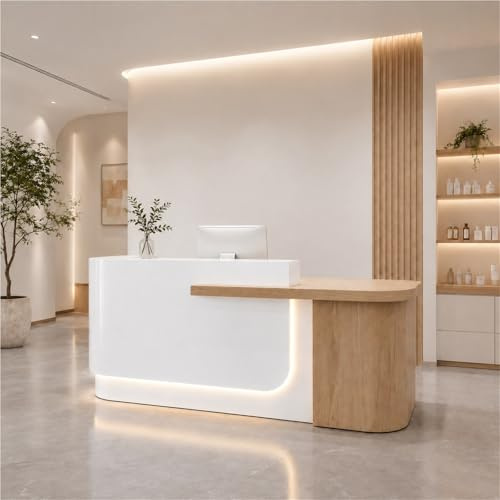 UKETO Empfangstheke Hochglanz Lackiert, Empfangstresen Büro Schreibtisch Kassentheke Mit Stauraum, L-Form Rezeptionstheke Für Büro Salon Praxis(Beige rirht,280cm/110.2)