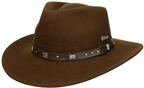 SCIPPIS Emerald – Wollfilzhut für Damen & Herren, wasserabweisend & knautschbar, Leder-Hutband mit Ziernähten, Outback/Traveller Form, braun, M