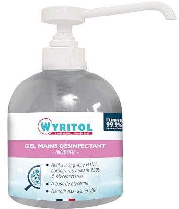 WYRITOL - Gel Hydroalcoolique Inodore - Désinfectant Mains Sans Rinçage - Formule Spéciale Peaux Sensibles Enrichie à la Glycérine - Fabrication Française - Flacon Pompe 300 ml