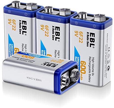EBL 4 Piles 9V Rechargeables 600mAh Lithium-ION 6F22 Grande Capacité pour Détecteur de Fumée, Détecteur CO, Multimètre, Microphone, Jouets Electroniques, etc.