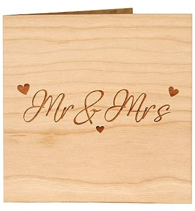 Original Holzgrusskarte - Hochzeitskarte für besondere Glückwünsche zur Hochzeit, Motiv Mr & Mrs schlicht, Kirschholz, Hochzeitsbillet, Glückwunschkarte, Postkarte, Geschenkkarte für Ehepaar