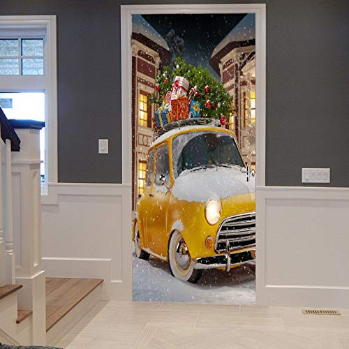 A.Monamour Türtapete Selbstklebend Türfolie Türposter 3D Gelbes Retro-Auto Das Weihnachtsbaum Weihnachtsnacht Trägt Weihnachten Vinyl Folie Türdeko Tapete Wandbild Türaufkleber Türtattoo 90 x 200 cm