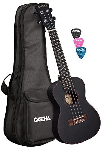Cascha Mahagoni Konzert Ukulele Erwachsene & Kinder in Schwarz - inkl. 3 Plektren & gepolsterte Tasche - Mahagoniholz-Ukulele für Anfänger & Fortgeschrittene - Aquila Nylon-Saiten
