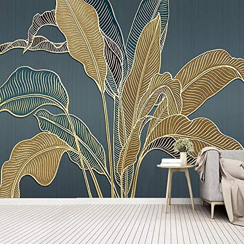 Non-tissées Photo papier peint Feuille de bananier bleu doré 3D Peintures murales fond d'écran photo salon TV fond d'écran mural 300x210 cm