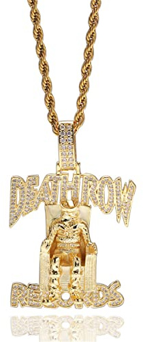 HALOKAIYA ICEDIAMOND 14K Diamond-Cut Hip Hop Legendary Death row Records Chain, Inlay Shiny Zircon Pendant with Gold Plated Fashion Necklace for Men Women (Gold,24''Rope)