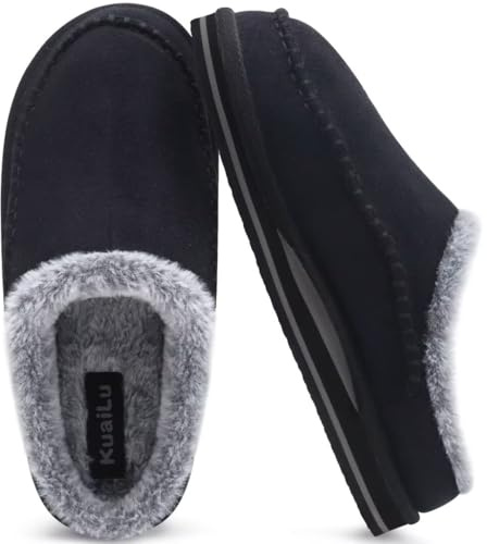 KuaiLu Mens Momery Foam Clog Slippers Comfy Handmade Stitch Microsuede Slip-on House Shoes With Arch Support Warm Faux Fur Lined Rubber Sole Indoor Outdoor Black Size 10