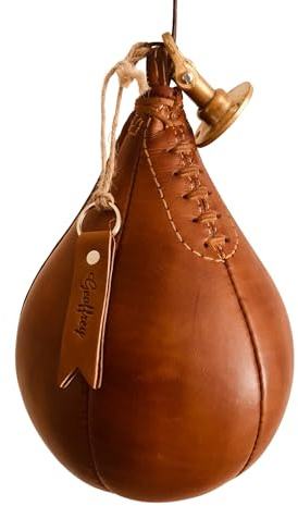 Geoffrey Retro Speed Punch Ball Bag with Brass Fitting Hanging | Antique Brown Leather Vintage Boxing Training | Size 5 | GEOFFREY