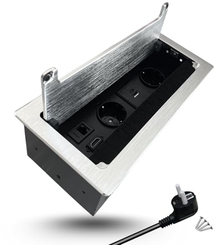 EVOTRADE - Regleta empotrada (2 SCHUKO 2 USB (A+C) 1 HDMI 1 Rj45 Toma múltiple para escritorio (aluminio)