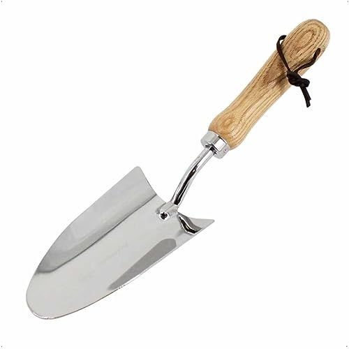 Rekord - Blumenkelle Edelstahl - Gartenkelle mit Holzgriff, 8 cm Breite | Pflanzschaufel aus rostfreiem Stahl, 34 cm lang, mit Lederband. Ideal zum Pflanzen und Jäten in harten Böden.