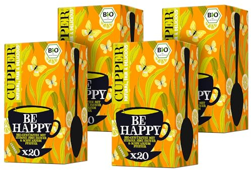 Cupper Bio Kräutertee Be Happy, Zitronentee, Zitronenverbene Tee, 4er Pack, 80 ungebleichte Teebeutel, umweltfreundlich, fair gehandelt