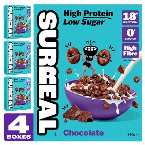 Surreal Chocolate - High Protein Cereal - Zero Sugar- Healthy Plant Based Cereal - High in Fibre - Low Carb - Gluten Free - Vegan - 18g of Protein, 0g of Sugar - 240g per Box - 4 Pack (4 x Chocolate)