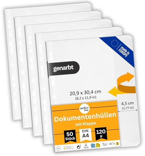 perfect line 50 Dokumentenhüllen DIN-A4 mit Klappe, Prospekthüllen seitlich offen, Klarsichtfolien genarbt, transparent