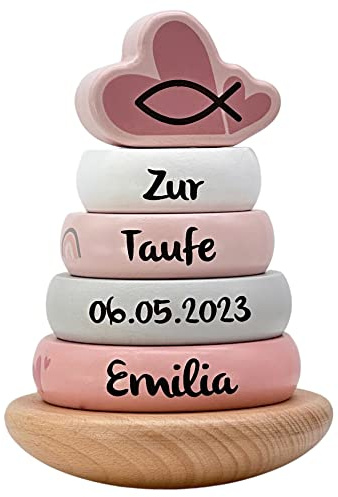 KIDSLINO Personalisierte Geschenke zur Taufe I außergewöhnliche Taufgeschenke für Jungen und Mädchen I Stapelturm rosa als Taufgeschenk mit Name I niedliche Tauf Dekoration aus Holz