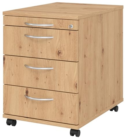 bümö Rollcontainer mit Schubladen, Container abschließbar aus Holz in Asteiche - Rollwagen für's Büro als Schreibtisch Unterschrank, Bürocontainer od. Schreibtischcontainer mit Bogengriffe