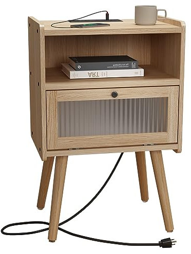 Mid Century Moderner Nachttisch mit Ladestation, Nachttische mit Glastür, Beistelltisch mit 2 Etagen Stauraum, für Schlafzimmer, Wohnzimmer, Natur