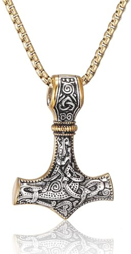 RWQIAN Hombre MjöLnir Collar Con Cadena De Martillo Colgante De Martillo Vikingo Para Hombre Oro 50CM