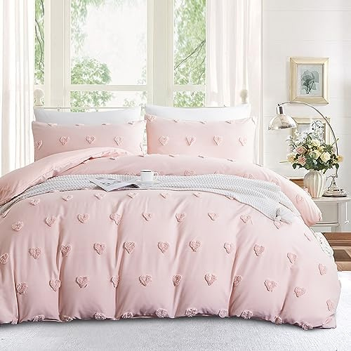Sedefen Bettwäsche 135x200cm 2 Teilig Rosa Getuftet Bettwäsche-Set Stickerei Handwerk Herz Bettbezug Chic Boho Gewaschene Microfaser Wendebettwäsche mit Reißverschluss und 1 Kissenbezug 80x80cm