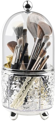 Makeup Brush Holder with Lid Cosmetic Tools Organizer 360 Rotating Make up Brushes Storage for Vanity, Waterproof & Dustproof (Clear)