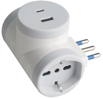 Adattatore da Viaggio Tutto in 1, Spina 16A con 2 Prese Universali 10A/16A + 1 USB A (2.4A 12W)+ 1 USB C (3A 15W) Carica Rapida (1 Pezzo)