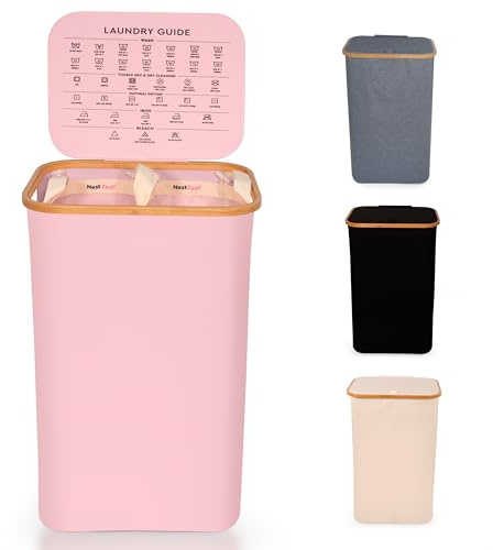 Nest Zest 100L Double Laundry Basket with Lid, 2 Compartments to Sort Washing, Hamper Laundry Bin with Care Guide & 2 Removable Inner Bags, Dirty Clothes Basket with Bamboo Rim Oxford Fabric (Pink)