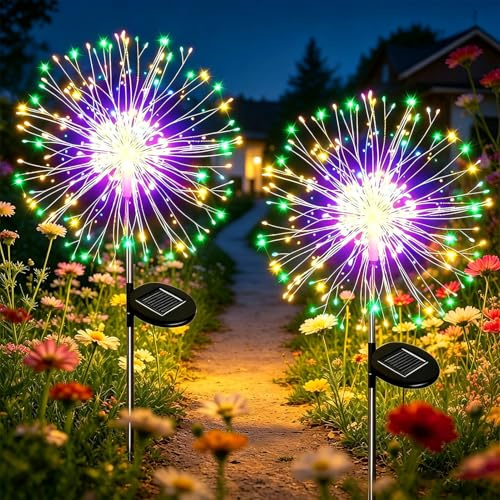 Dekofun Lampe Solaire Exterieur Jardin 2 Pièces 150 LED Feu d'Artifice Exterieur Solaires, IP65 Étanche 8 Modes Lampe Solaire de Pissenlit pour Chemins Pelouse Terrasse Cour Décoration - Multicolore