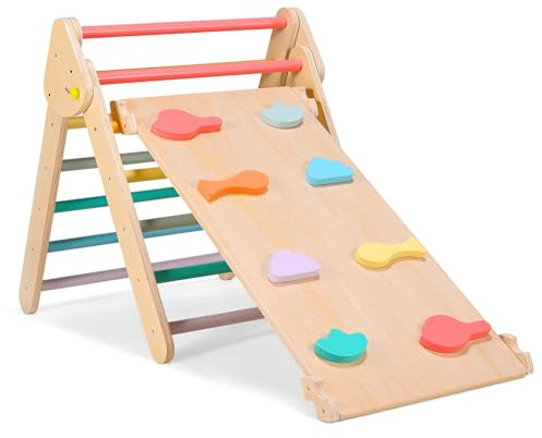 Fdlscpem 2-in-1 Klettergerüst für Kleinkinder, Indoor Spielplatz, Kletterleiter aus Holz für Kinder mit Gemütlichem Kissen, Indoor Montessori Spiel-Fitnessstudio (Regenbogen)