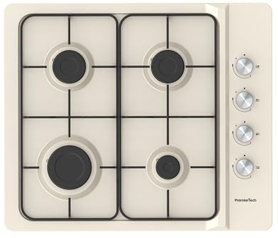 PremierTech Piano Cottura a Gas, 4 fuochi, 60cm, Smaltato Crema, da Incasso 56x48cm, Acciaio Inox, predisposto Metano e kit ugelli GPL inclusi, P460CR