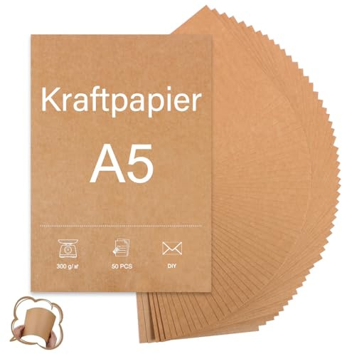 50 Blatt Braun Kraftpapier A5-300g Dickes zum Drucken, Menükarten Kraftkarton zum Bemalen, Bedrucken, Basteln & Vintage Style Hochzeitsgeschenke