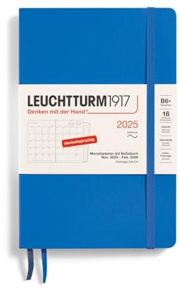 LEUCHTTURM1917 370612 Monatsplaner & Notizbuch Paperback (B6+) 2025, 16 Monate, Softcover, Sky, Deutsch