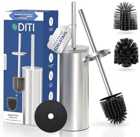 DITI Klobürste Runde Silikon Silber Matt – Edelstahl gebürstet WC Bürste Rostfrei – Toilettenbürste mit Halter & Spritzschutz Inkl Ersatzbürsten – Antibakterieller für eine Gründliche Reinigung