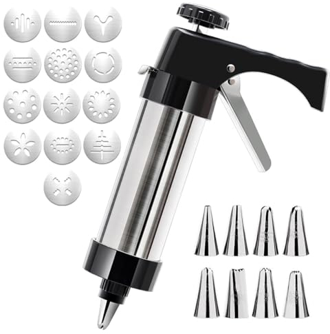 Cookie Press Kit Biscuits Maker Gun Sets with 13 Cookie Press Molds & 8 Pastry Piping Nozzles Cake Decorator Sets