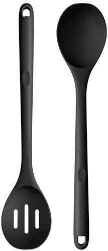 U-Taste 33.9 cm Extra Long Silicone Spoons: 315℃ Heat Resistant Food Grade Solid & Slotted Cooking Spoons, Nonstick Seamless Kitchen Utensil for Serving Mixing Stirring Basting Draining (Black, 2pcs)