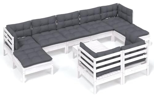 WEMYUFURN 10-TLG. Garten-Lounge-Set mit Kissen Weiß Kiefer Massivholz, Outdoor-Sitzgruppe, Terrassen-Lounge-Set, Garten-Couchgarnitur - Wetterbeständig, Komfortabel - für Terrasse, Garten und Balkon