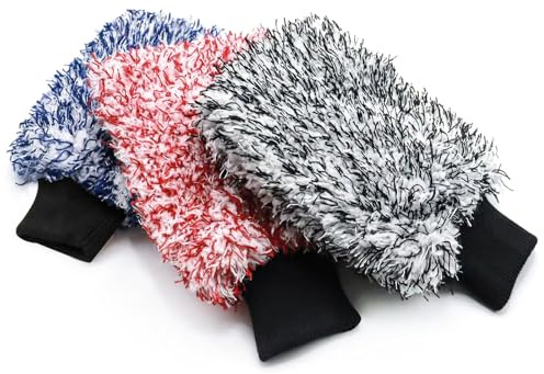 Pushaccas Microfiber Car Wash Mitt - 3 Pack Scratch Free Mitts with Blue, Red and Black, Machine Washable, Lint Free, 10 Inch X 8 Inch Glove