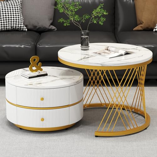 Merax Couchtisch-Set Rund, Beistelltisch Satztisch mit 2 Schublade, 2 teilig Wohnzimmertisch, Sofatische Kaffeetische Set, Hochglanz Marmoriert, Gold Metallgestell, für Empfangszimmer, Balkon, Büro