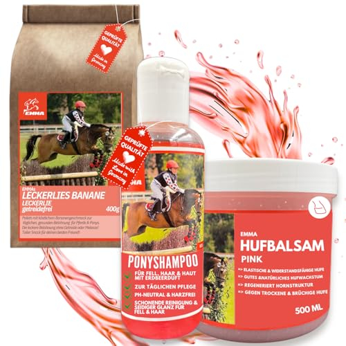 Pferdeleckerlis Banane + Huffett Pferde + Pferdeshampoo für Pferde pink & Pferdepflege Set 3 Teile I Hufbalsam Pflege bei Strahlfäule Pferd I Pferde Mädchen Geschenk - Pferde Sachen I Leckerli Pferd