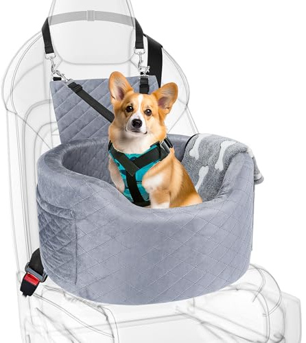 Hundeautositz für kleine Hunde – Schwarzer Booster Autositz mit 28D Memory Foam, Rutschfester Wasserdichter Liner, Reisebett mit Aufbewahrungstaschen & Decke, Grau