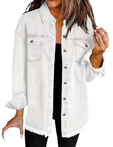 FJKVAVF Washed Denim Shirt Jacket Fashion Casual Hem Women's Jacket Damen Abendmode Bluse Langer Damenpullover Langarmshirt 3Er Pack Damen Longshirt Braun Damen Hellblaues Hemd Damen