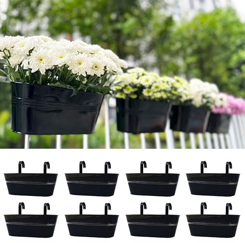 LaLaGreen Large Rail Planter (17 in, 8 Pack) Black Metal Fence Deck Buckets | Patio rail planters large balcony deck fence porch outdoor plants, iron hanging trough herb garden pots, macetas exteriores