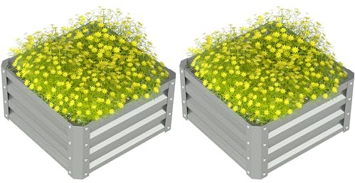 Outsunny Set of 2 Raised Garden Bed, 60 x 60 x 30.5 cm, Light Grey | Outdoor Planter Box, Galvanised Steel Frame, for Growing Vegetables, Flowers and Herbs