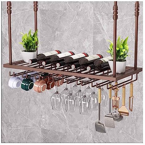 Adjustable Hanging Wine Rack with Glass Holder Brass Perfect for Bar or Kitchen Ceiling Bottle Holder 80 x 23
