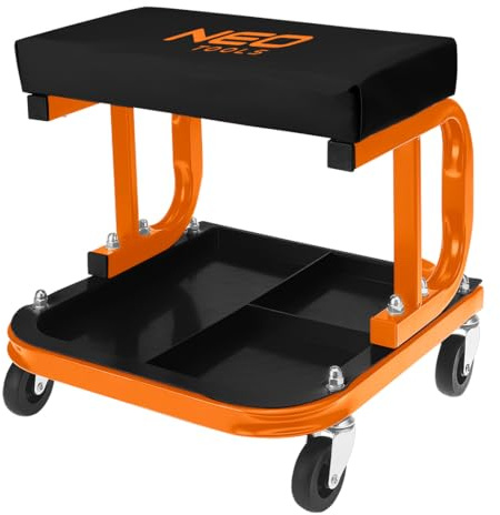 NEO TOOLS Montagehocker, Werkstatthocker mit Ablagefläche 36,5x35,5x37cm | Rollen Werkstattwagen Werkzeugwagen Werkstatt-Rollsitz Werkstattsitz fahrbar