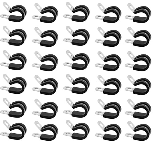 30 Pcs Rubber Lined P Clips – 8mm Stainless Steel Pipe Clips & Hose Clips Assortment – Heavy Duty Pipe Clamp Hose Clip Set for Securing Cables, Tubes and Lines