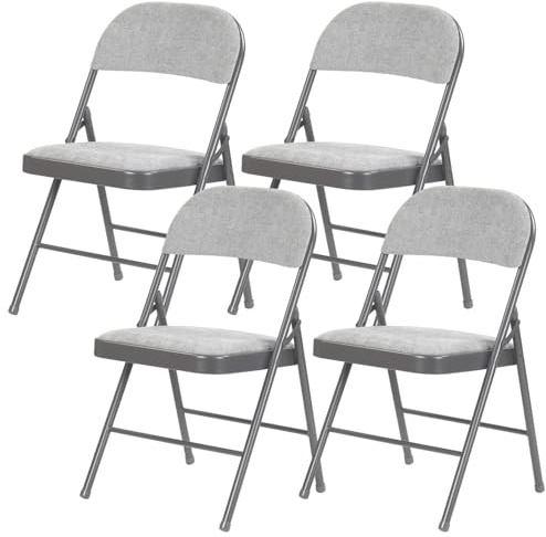 Taylor & Brown 4 x Deluxe Grey Fabric Padded Folding Chairs with Heavy Duty Metal Frame Folding Back Rest Chair for Home Garden Office Computer Desk - Size 46cm x 46cm x 79cm