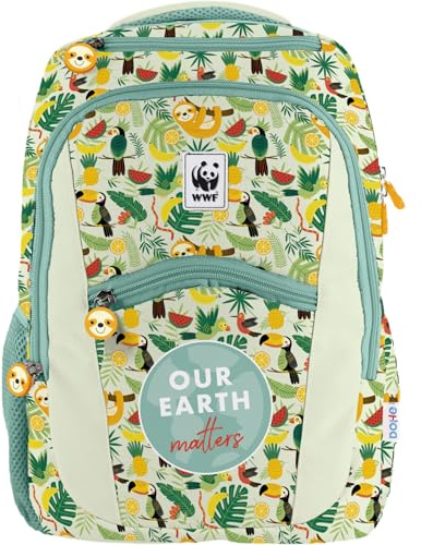 Dohe - Mochila Escolar Ergonómica - Gran Capacidad (20L), 6 Bolsillos, Compartimento para Portátil/Tablet, Correas para Carro - WWF Tropic