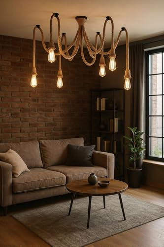 TEKHONE Lampadario a Sospensione Stile Industriale con Corda in Canapa, 6 Luci E27, Metallo e Ceramica, per Sala da Pranzo, Soggiorno, Ristorante – B59-6