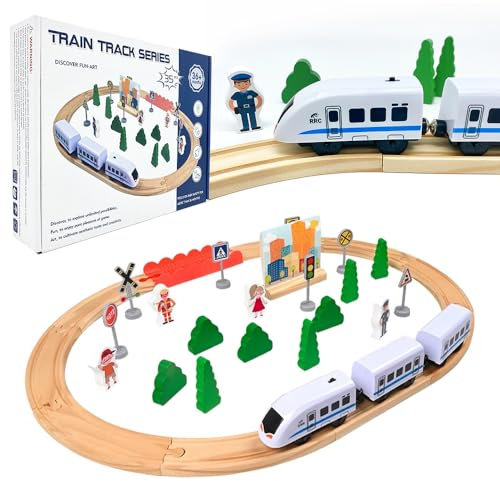 35 Piece Wooden Train Track Set with Battery Powered Train - Wooden Toys For 3, 4, 5 Year Old Boys - Kids First Train Set