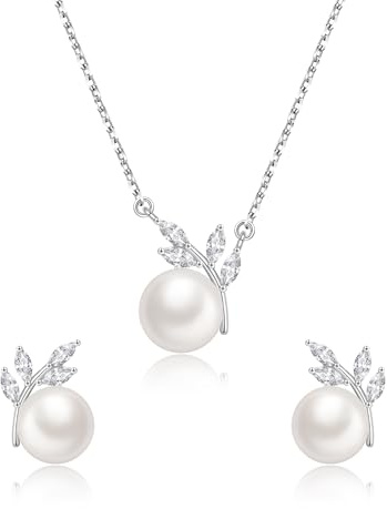 EVER FAITH Parure de bijoux en argent sterling 925 avec perles d'eau douce - Bijou de mariage - Marquise blanche - Zircon cubique - Véritable perle - Élégant collier et boucles d'oreilles - Pour femme