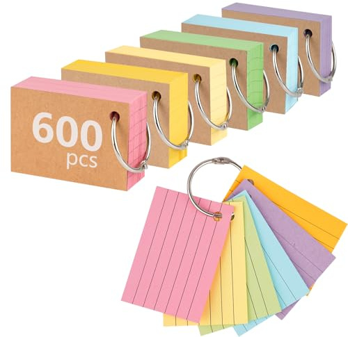 600 PCS Flash Cards Revision Cards, A8 (2.9×2 inch) Flshcards with Kraft Cover & Binder Ring, Six-Color Ruled Index Card Notecards Paper for Office School Home Learning Record