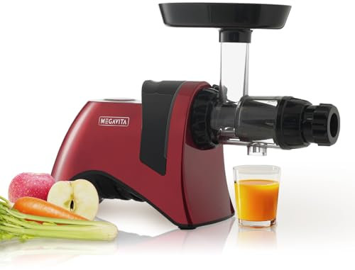 MEGAVITA MVH3 Juicer Machine, BPA-FREE Cold Press Slow Juicer, 200w Masticating Juicer For Whole Fruits and Vegetables, High Juice Yield, 700ml Jug with Removeable Parts, Red